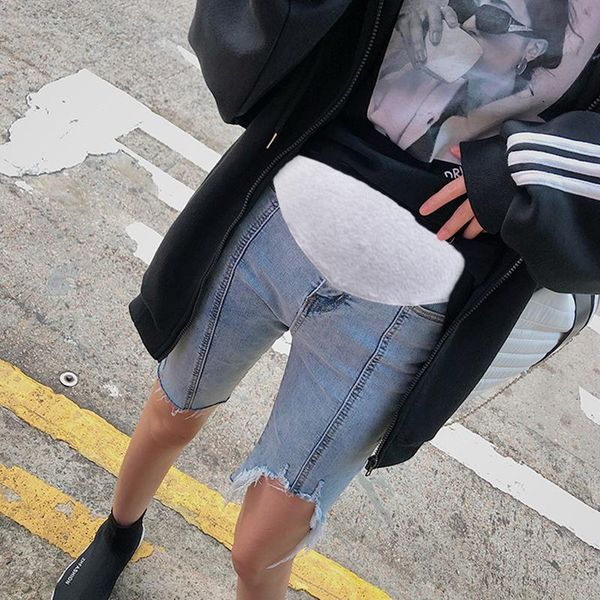 

maternity bottoms 2021 summer pregnant women jeans fashion irregular middle stripe patchwork knee-length high waist denim pants trousers, White