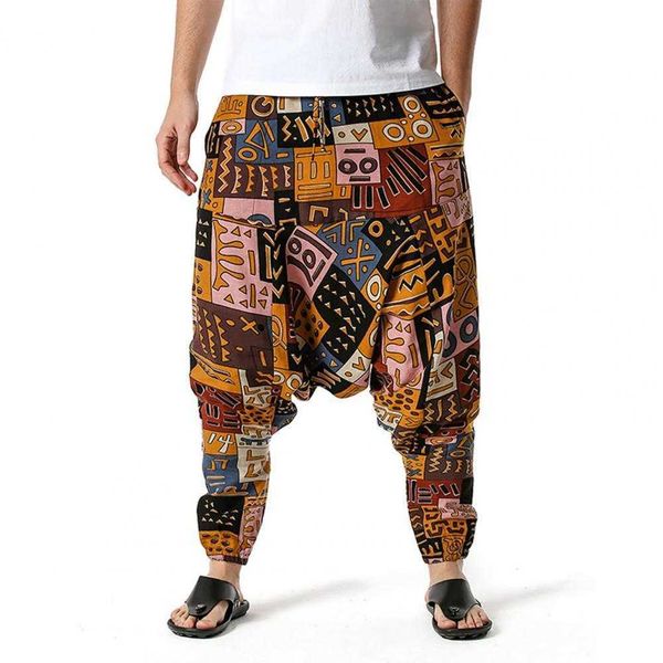 Homens Harem Calças Drop Crotch Pockets Juntos Impresso Calças Casuais Homens Solto Hip Hop Baggy Algodão Algodão Homens Largamente Pants X0723