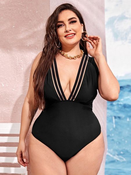 

plus contrast mesh one piece swimsuit n6bw#, Black