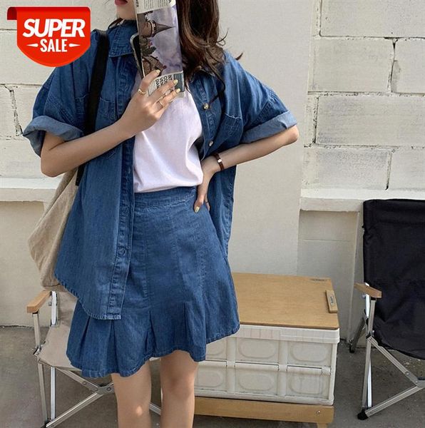 

huangzheng port style retro thin denim suit female short-sleeved shirt high-waist short skirt two-piece z8585 #sy0z, Black;gray
