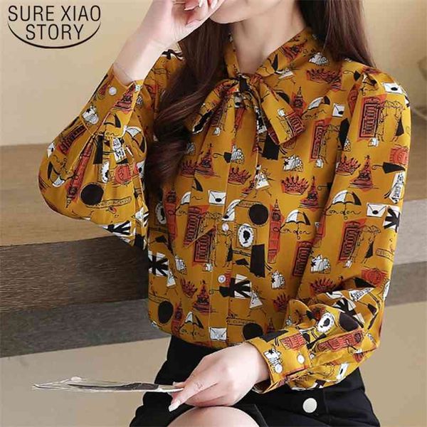

casual print clothes vintage bow blouse women elegant loose fashion long sleeve and blusas 8522 50 210506, White