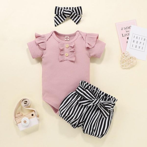 

summer fashion grilsclothes born infant baby girls ribbed romper+stripe shorts+headbands outfits children clothing sets, White