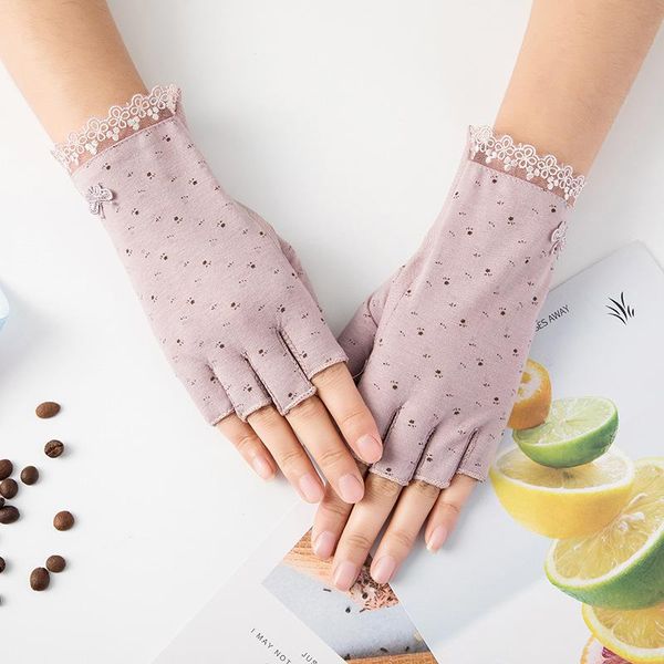 

five fingers gloves women jacquard lace gauze fingerless mistretch driving batcave lolita harajuku uv slip resistant breathable guantes, Blue;gray