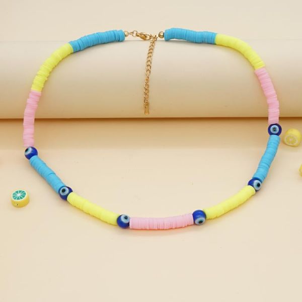 

chokers evil eye heishi choker necklace 6mm polymer clay bead necklaces women surf colorful summer jewelry stainless steel clasp, Golden;silver