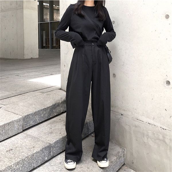 

fashion brief slender all match casual high waist pants women plus size loose straight solid full length trousers 210421, Black;white