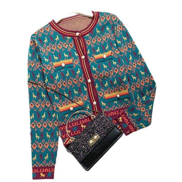 

women's knits & tees ethnic style round neck retro jacquard loose single-breasted cardigans 2021 summer fashion sweater clothing, White