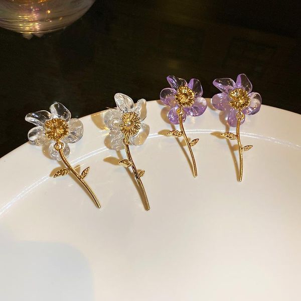 

dangle & chandelier origin summer korean white purple flower earring for women elegant gold metallic leaf long jewelry pendientes, Silver