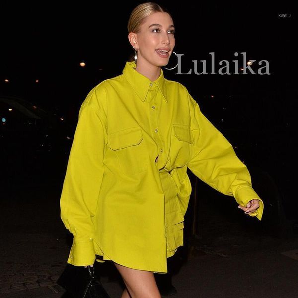 

women's jackets yellow green 2 piece blouse suit long sleeve shirt double pockets above mini skirt plus size women fashion tide 2021 sp, Black;brown