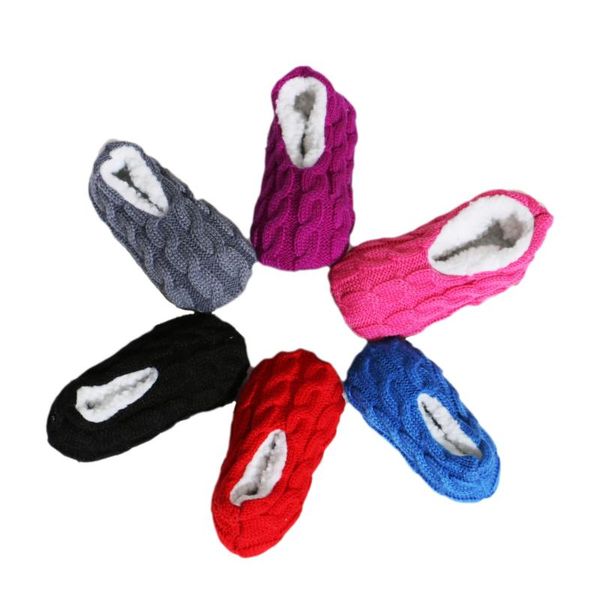 

women's knitting plush slipper socks indoor solid color house floor shoes winter warmer soft bottom bedroom slippers, Black