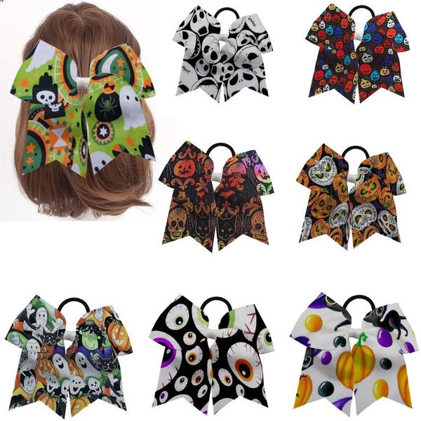 

hair accessories 1pieces 7inch bow ties halloween printed ribbon ring large cheer bows ponytail holder for girls, Slivery;white