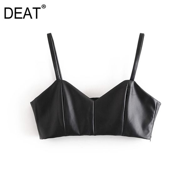 

[deat] women new fashion pu leather elasticity cropped tank v-neck black side zipper wide straps female 210430, White