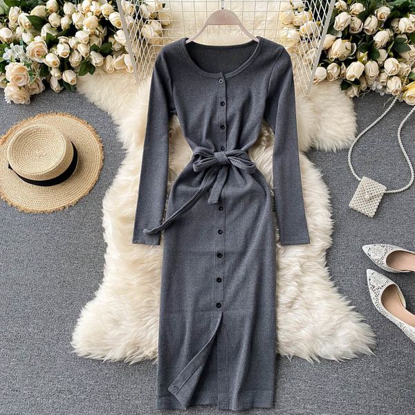 

women elegant solid dress retro single breasted o neck long sleeve slim dresses autumn korean streetwear midi dress 210419, Black;gray
