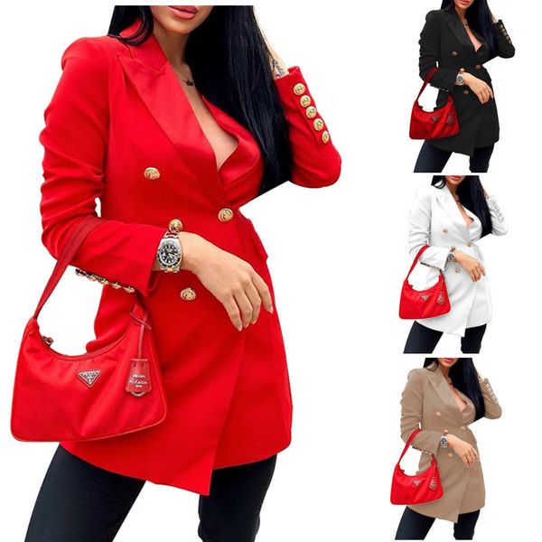 

fashionable ladies suit slim long sleeve double breasted medium length jacket in autumn and winter 2021, White;black