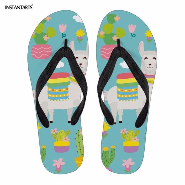 

slippers instantarts cute alpaca design women home outside casual shoes youth girl summer beach water flip flops woman non-slip, Black