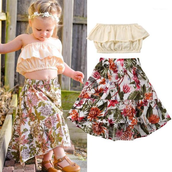 

clothing sets boiiwant 1-7y kids girl summer outfit set off shoulder ruffle solid color crop high waist flower pattern skirts clothes1, White