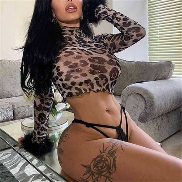 Omsj est mulheres Sexy malha leopardo impressão colheita de manga longa fofo cuff bodycon ver-se pulôver t-shirts feminino 210517