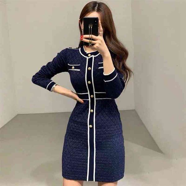 

autumn winter small fragrance womens dress knitting hit color single-breasted o-neck long sleeve sweater vestidos, Black;gray