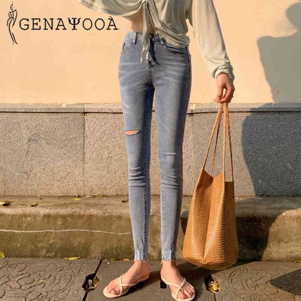 

genayooa quality high waist woman skinny streetwear ripped jeans for women korean style 210417, Blue