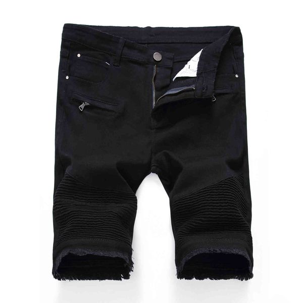 

high men's street zipper elastic slim casual denim white black shorts, Blue