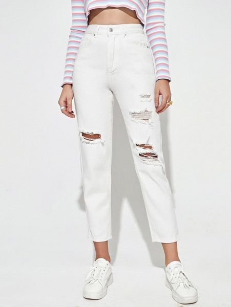

high waist destroyed mom jeans t40y#, Blue