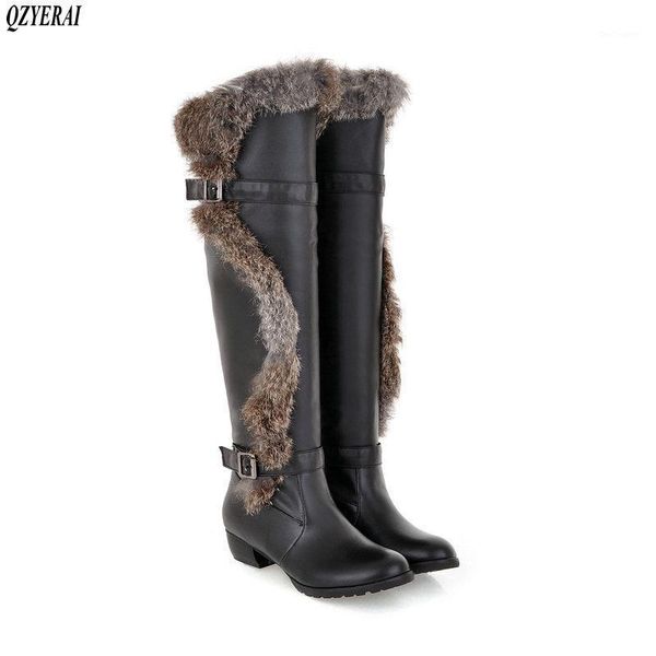 

boots 2021 winter low-heeled hair snow knee round toe warm stylish thigh-high sizes 34-431, Black