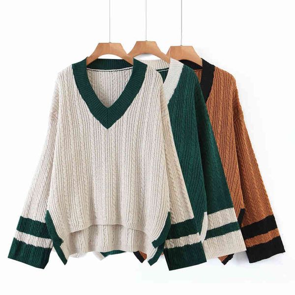 

casual woman loose patchwork v neck sweater fashion ladies autumn soft knitwear female 3 color oversized knitted 210515, White;black