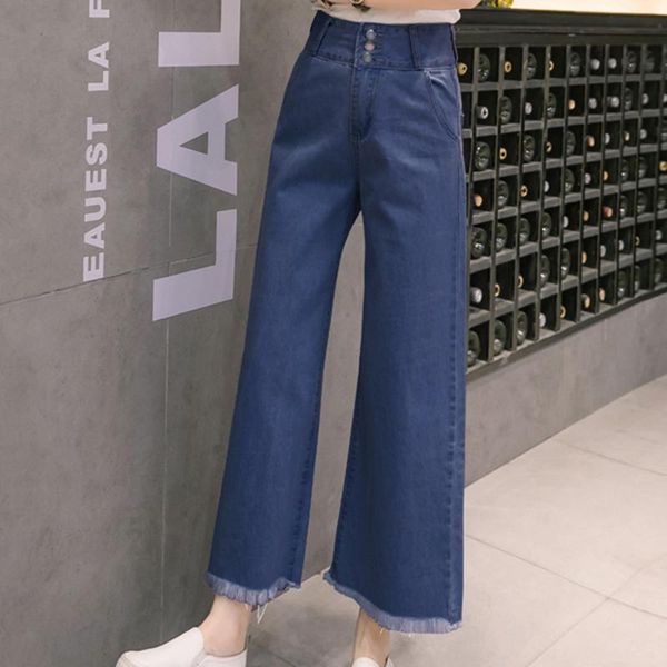

women's jeans high waist women wide leg casual loose ankle-length jean pants fashion solid pockets tassel button denim, Blue