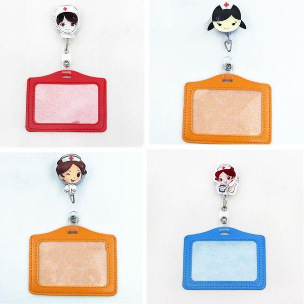 

card holders cartoon cute retractable badge holder for exhibition student horizontal name girl office chest cross, Brown;gray