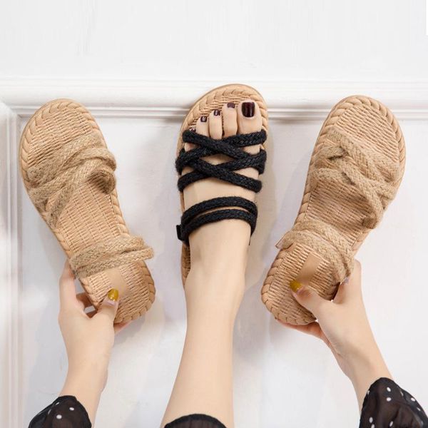 

summer sandals woman shoes braided rope with traditional casual style and simple creativity fashion women, Black