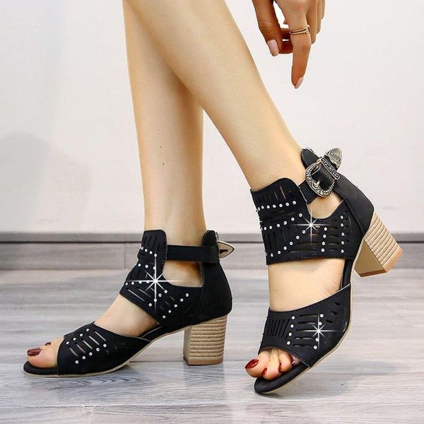

women's sandals 2021 retro hollow summer rhinestone non-slip open toe buckle strap large size ladies shoes zapatillas mujer, Black