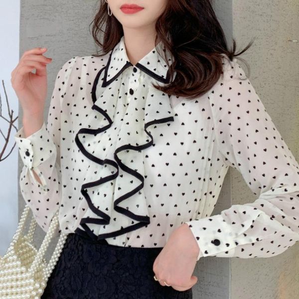 

autumn long sleeve ruffles dot white chiffon blouse women shirts fashion blouses 2021 womens clothing female b742 women's &