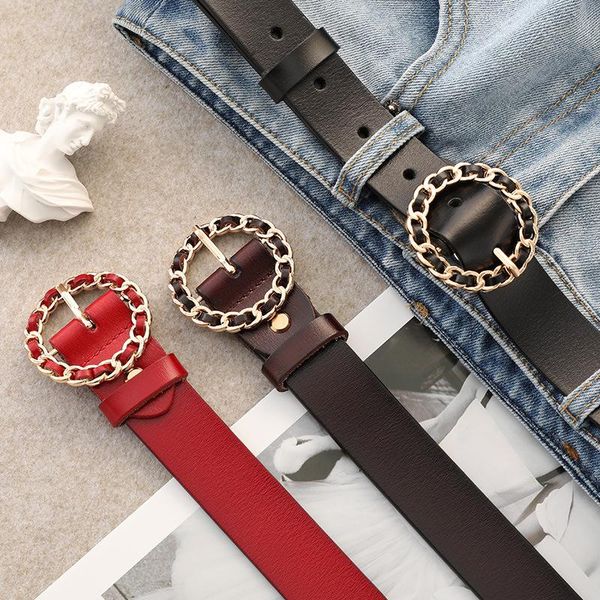 

belts women's leather belt simple wild round buckle fashion metal decoration student korean jeans female, Black;brown