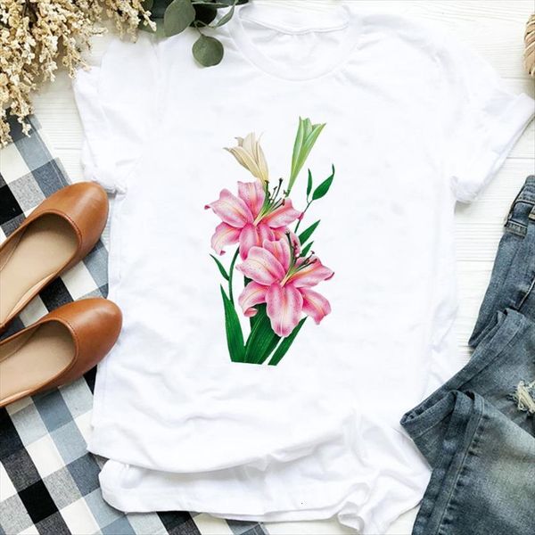 

cartoon flower floral summer womens fall fashion printing tee clothes graphic, White