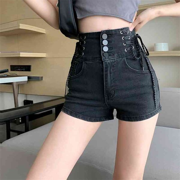 Сексуальные джинсовые шорты женские тонкие подходящие брюки лето спина полые качества высокая талия жесткие женские эластичные короткие джинсы 210629