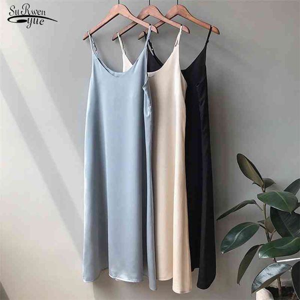 Sommer Seide Casual Satin Solide Kleid Vestidos Frauen Lange Sexy Ärmellose Elegante Maxi Kleid Koreanischen Stil V-ausschnitt Kleid 9474 210518