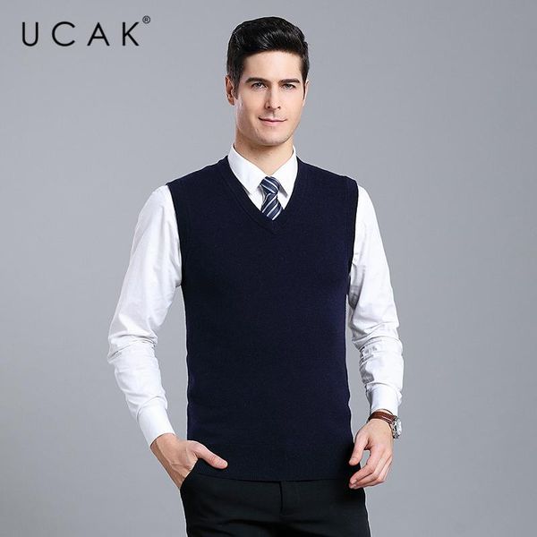 

men's vests ucak brand sweater men clothes streetwear wool v-neck vest autumn winter solid color pull homme clothing u1106, Black;white