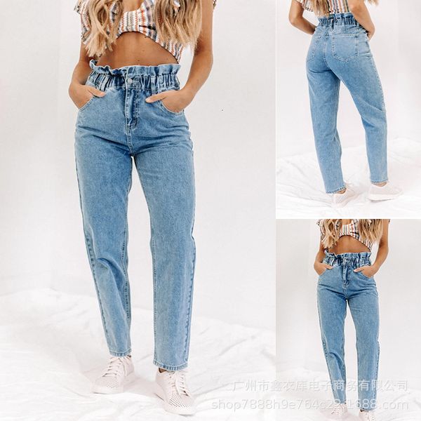 

jeans solid color autumn and winter 2021 casual versatile pants straight tube elastic waist women's, Blue