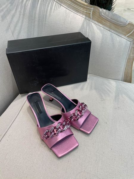 

chain flat mid heel nappa mules sandals designer luxury women summer outdoor shoes lady leather slippers 03, Black