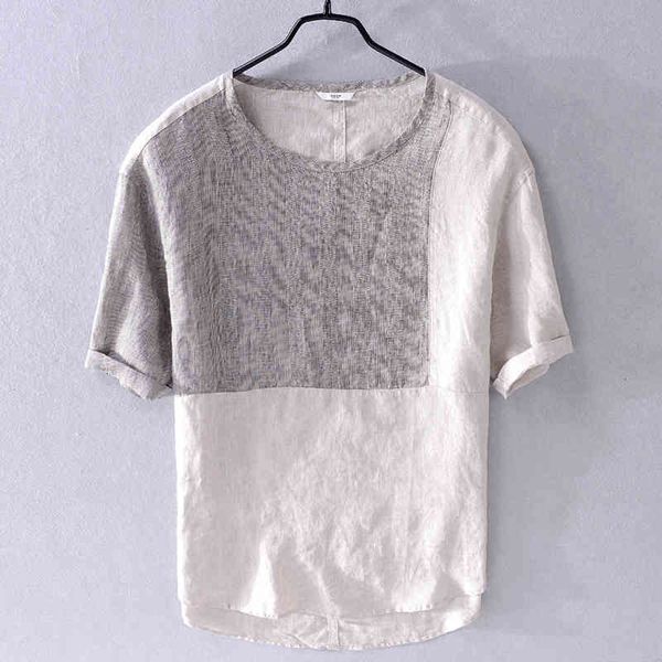 

men's t-shirts mens summer linen short-sleeved shirt round neck loose t-shirt brand patchwork flax t shirts for men tshirt camiseta stx, White;black