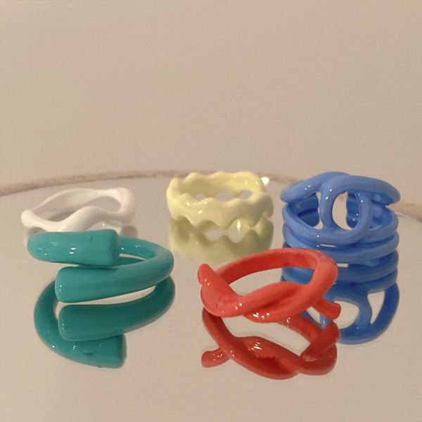 

wedding rings korean simple sweet candy acrylic resin twisted ring personality macaron color irregular geometric open jewelry for women, Slivery;golden