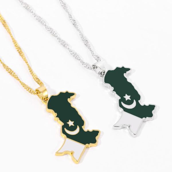 Girocolli Pakistan Mappa Bandiera Collane con ciondolo Collana in metallo con catena a onda d'acqua placcata oro argento Girocollo Gioielli etnici pakistani