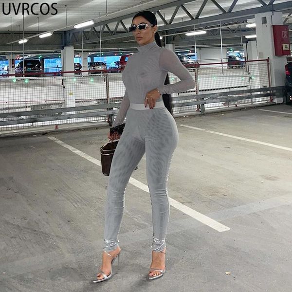 

women's two piece pants uvrcos mesh set women fall 2021 womens fashion arrival see through slim stand neck bodysuits+high waist, White