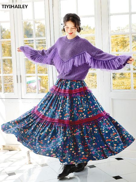 

boshow long maxi women mesh and cotton patchwork skirts high elastic waist spring autumn print, Black