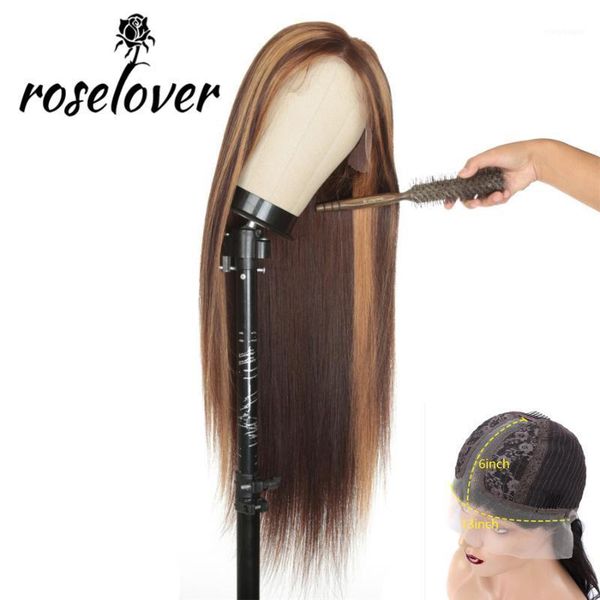 

straight wig transparent lace ombre 4/27 highlight remy long human hair frontal t part natural brazilian black women1, Black;brown