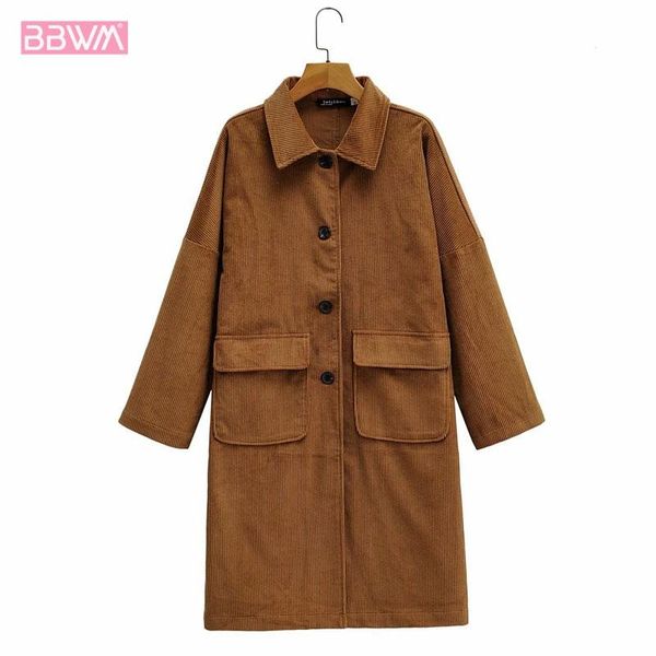 

long lapel single-breasted long-sleeved corduroy fashion women's jacket korean style double pocket chic female coat jackets, Black;brown