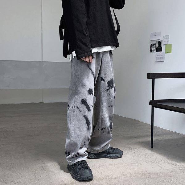 

men's jeans cotton goth tie-dye denim pants male fashion loose straight leg oversize wide japanese streetwear men trousers w5q4, Blue