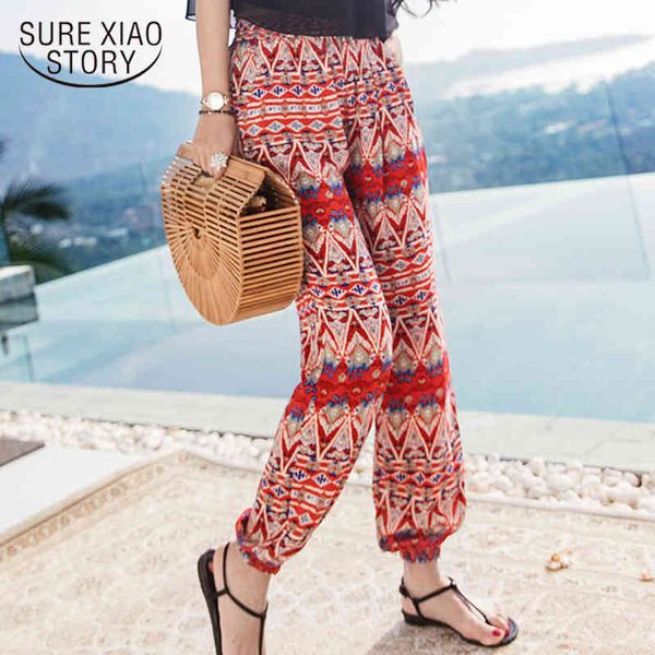 Moda Bohemian Stil Uzun Baskı Şifon Yüksek Bel Harem Gevşek Rahat Artı Boyutu Kadın Pantolon Pantolon D828 30 210415