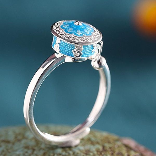 

cluster rings 2021 enamel woman ring retro fashion jewelry s925 pure silver adjustable cloisonne six-characte swivel tube for, Golden;silver