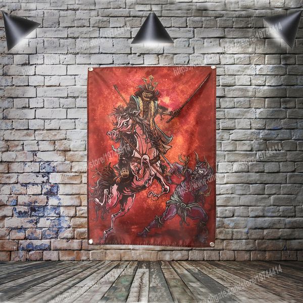 Samurai japanische Tattoo-Kunst-Poster, Flaggen, Banner, Heimdekoration, hängende Flagge, 4 Ösen in den Ecken, 96 x 144 cm, Malerei, Wand-Kunstdruck, Poster