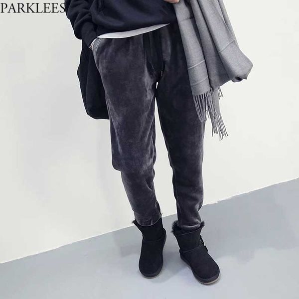 

men's gray velour velvet harem jogger sweatpant winter casual loose running pants mens hip hop streetwear trousers youth 210522, Black